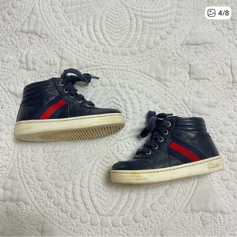 GUCCI Toddler High Top Sneakers Ace Web Navy Blue Leather Kid Size 21 - Picture 2 of 8